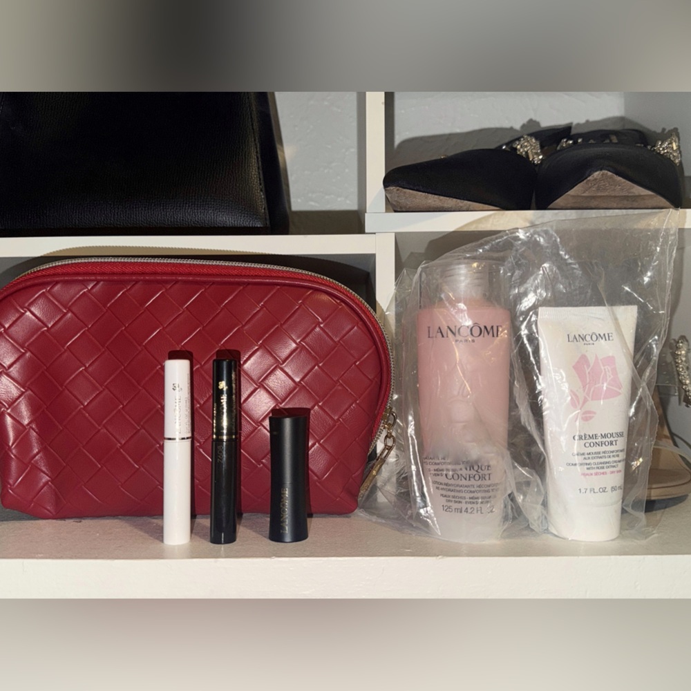 Lancome Red Woven Bag with Skincare and Makeup Set